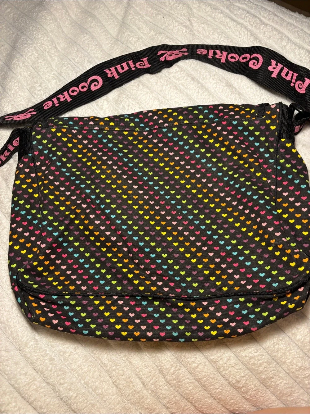 Pink Cookie Black Crossbody Bag with Multicolor Heart Print and Pink Strap